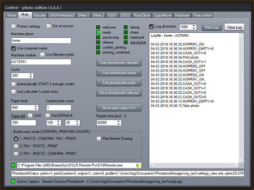 Photo booth cash control System - Main Settings