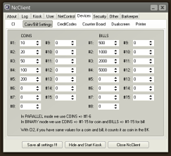 Coin + Bill settings